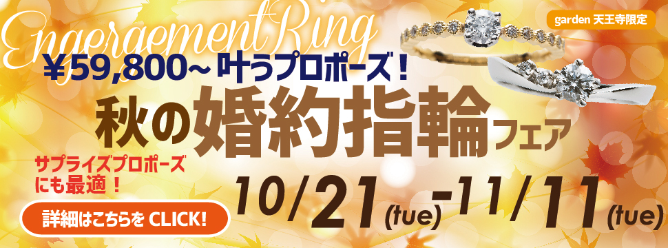 59,800円から叶うプロポーズ!秋の婚約指輪フェア 10/21~11/11
